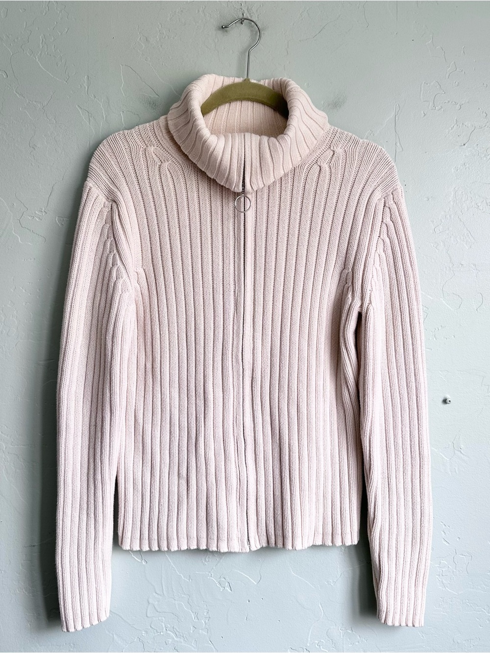 Vintage Y2K Fall 2002 GAP Cream Chunky Ribbed Knit Zip-Up Turtleneck Sweater L